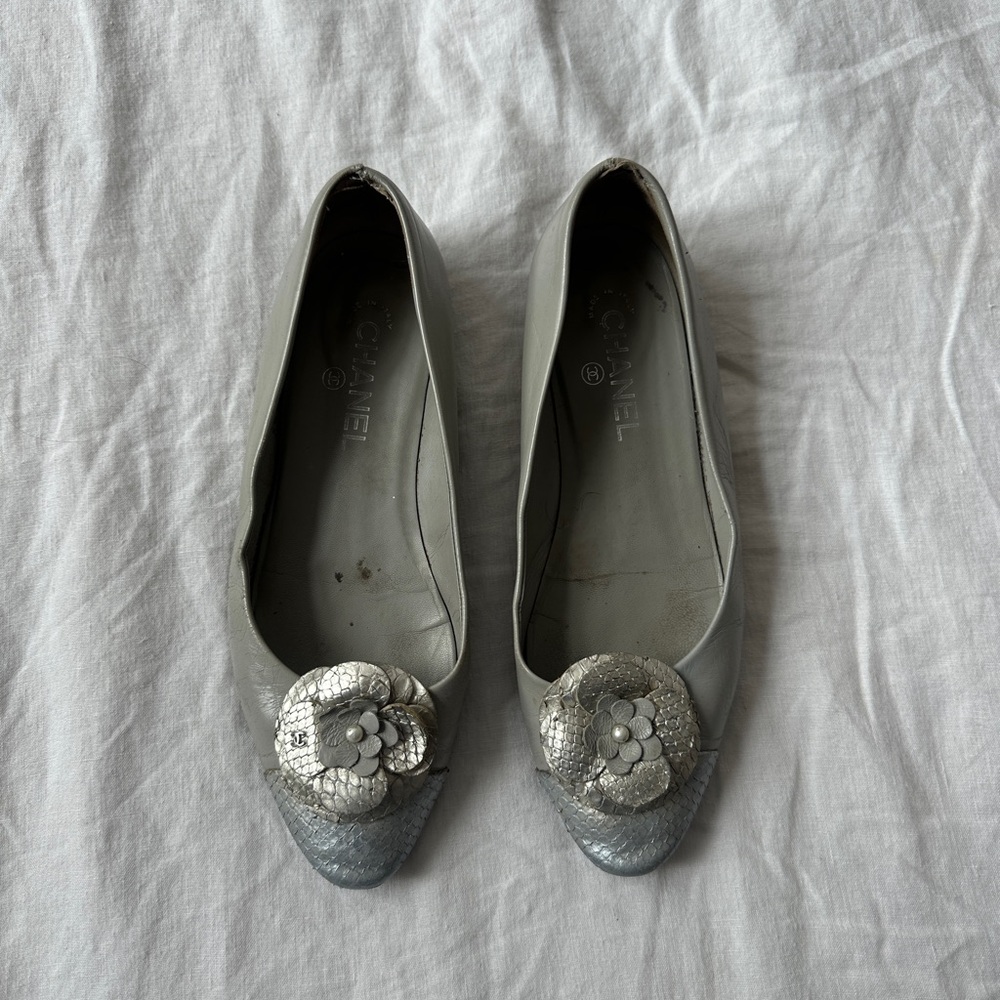 Chanel Silver Ballet Flats with Python Cameilla Accents